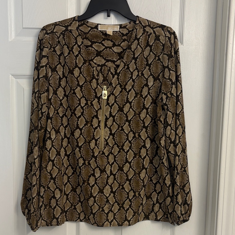 Michael Kors Brown Snake-Print Long-Sleeve Blouse with Gold Zip